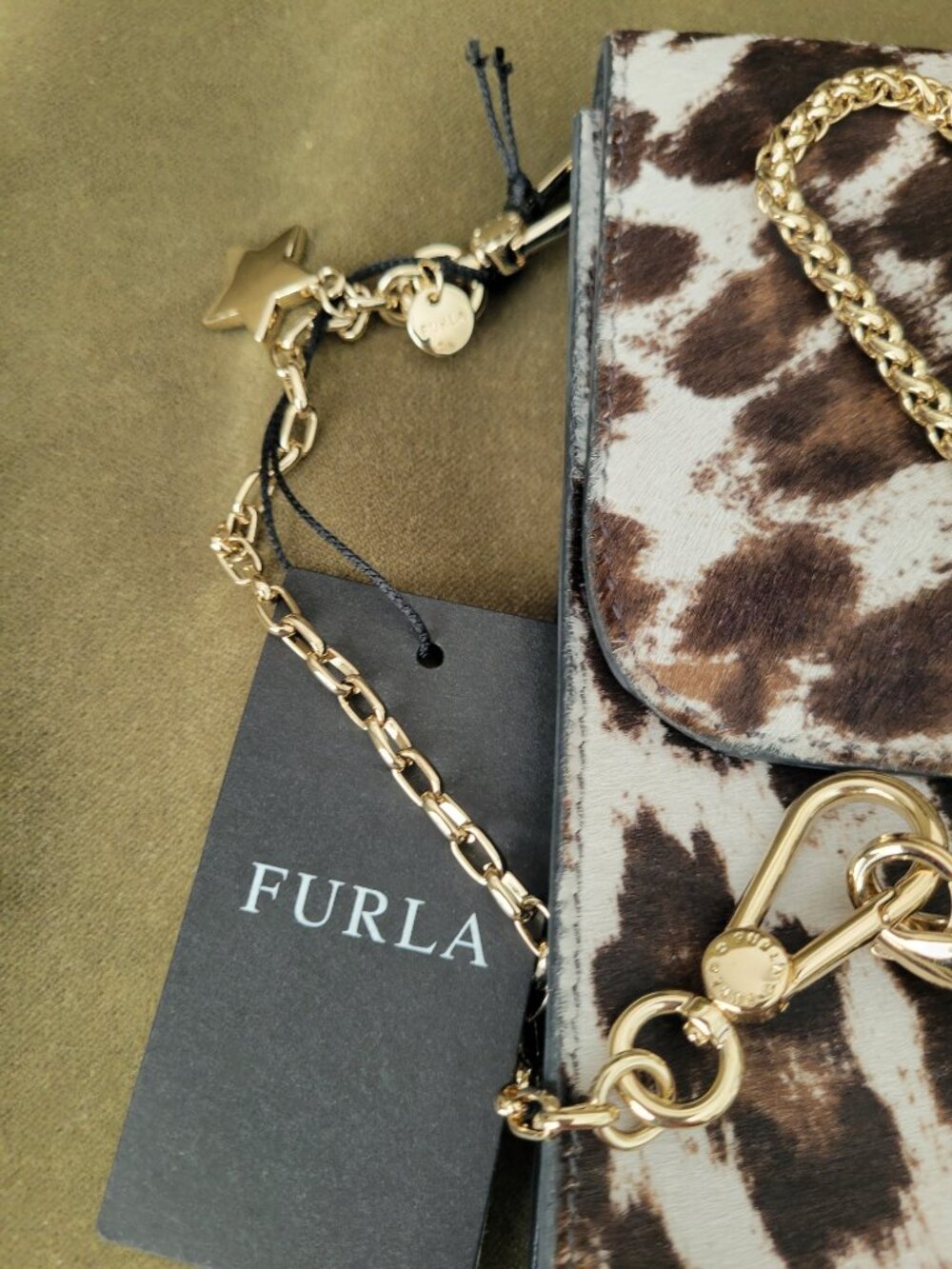 NWT Furla Cowhide Animal Print Leather Gold Chain Clutch Shoulder Bag Italy - Picture 5 of 16